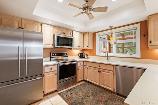 kitchen featuring stainless steel appliances, ceiling fan, a raised ceiling, and sink