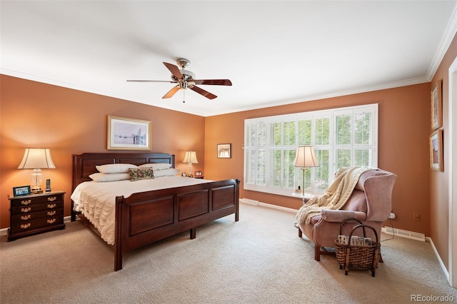 carpeted bedroom featuring crown molding, baseboard heating, and ceiling fan