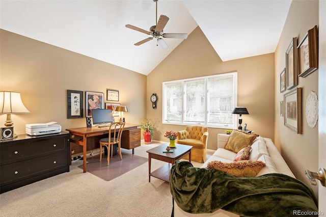 office space with ceiling fan, carpet floors, and high vaulted ceiling