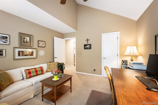 living room with ceiling fan, light colored carpet, and high vaulted ceiling