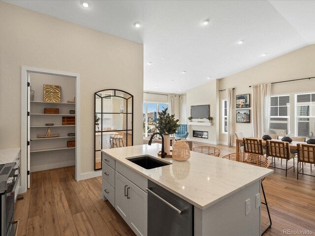 kitchen featuring light stone countertops, a sink, wood-type flooring, open floor plan, and stainless steel appliances