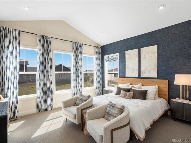 bedroom with carpet flooring, recessed lighting, baseboards, and vaulted ceiling
