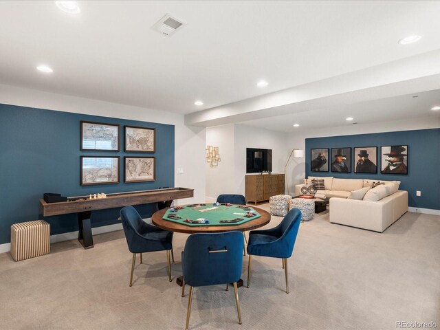 recreation room with recessed lighting, carpet flooring, baseboards, and visible vents