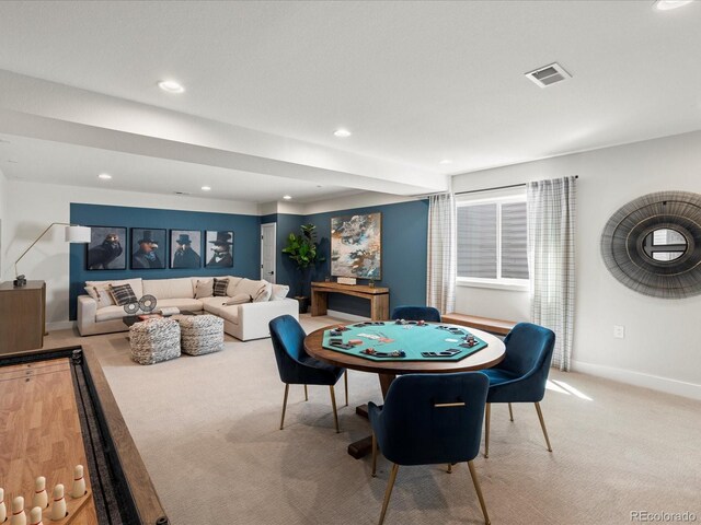 game room with carpet floors, recessed lighting, baseboards, and visible vents