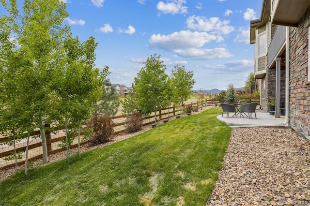 view of yard with a patio area and a mountain view