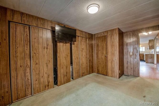 carpeted empty room featuring wooden walls