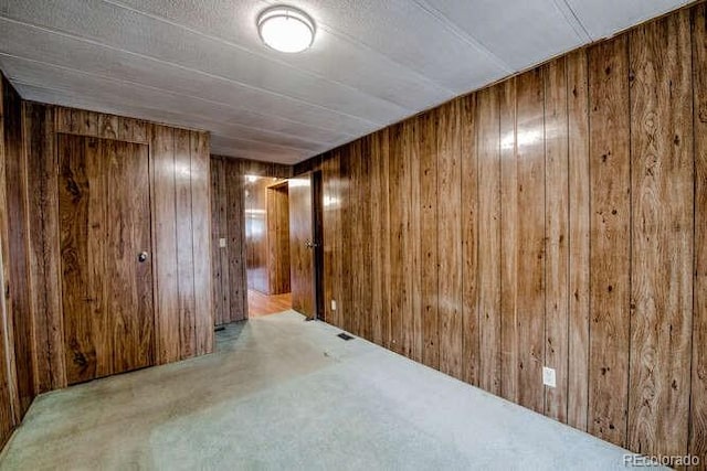 spare room with light carpet and wooden walls