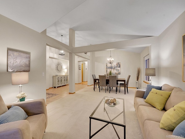 living room with light colored carpet, vaulted ceiling, and a notable chandelier