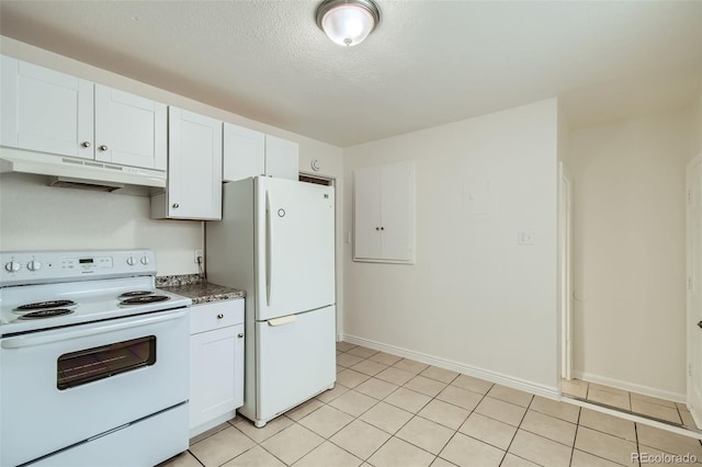 kitchen featuring white cabinets, white appliances, a textured ceiling, and light tile patterned flooring