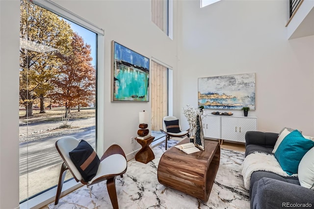 sitting room with a towering ceiling