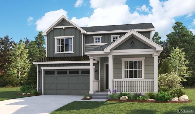 craftsman house with board and batten siding, covered porch, and concrete driveway