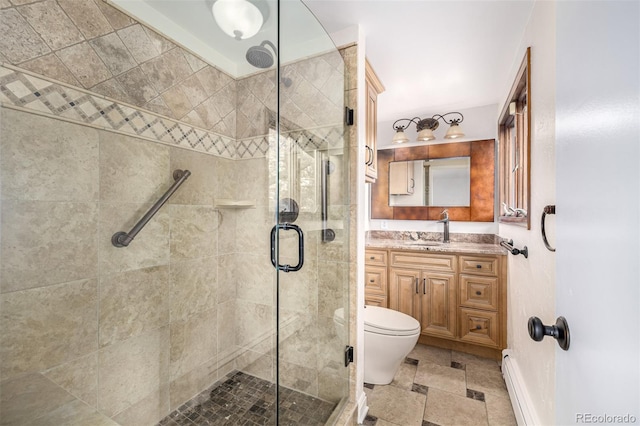 full bath featuring vanity, toilet, and a stall shower
