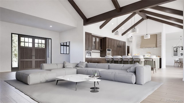 967 W Elk Meadows Dr, Tabernash, CO 80446 - living area with high vaulted ceiling, beamed ceiling, light wood finished floors, recessed lighting, and a chandelier