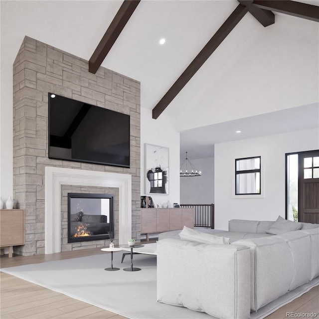 967 W Elk Meadows Dr, Tabernash, CO 80446 - living room featuring beamed ceiling, wood finished floors, high vaulted ceiling, a fireplace, and a chandelier