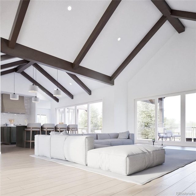 967 W Elk Meadows Dr, Tabernash, CO 80446 - living area featuring high vaulted ceiling, beam ceiling, healthy amount of natural light, light wood finished floors, and recessed lighting