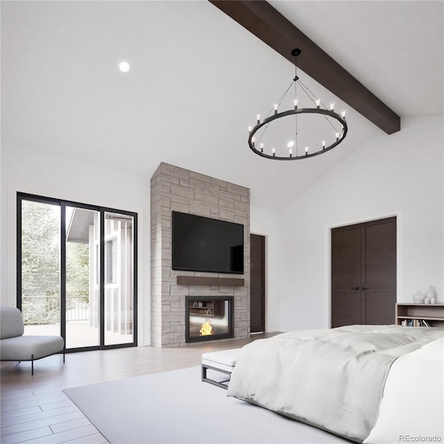 967 W Elk Meadows Dr, Tabernash, CO 80446 - bedroom with beamed ceiling, a chandelier, a large fireplace, wood finished floors, and high vaulted ceiling