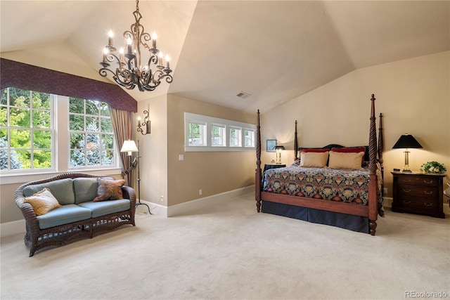 carpeted bedroom featuring vaulted ceiling, visible vents, baseboards, and a notable chandelier