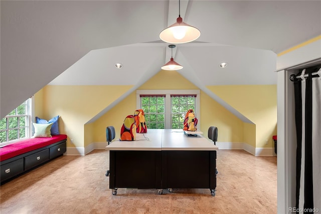 office space with lofted ceiling, baseboards, and recessed lighting