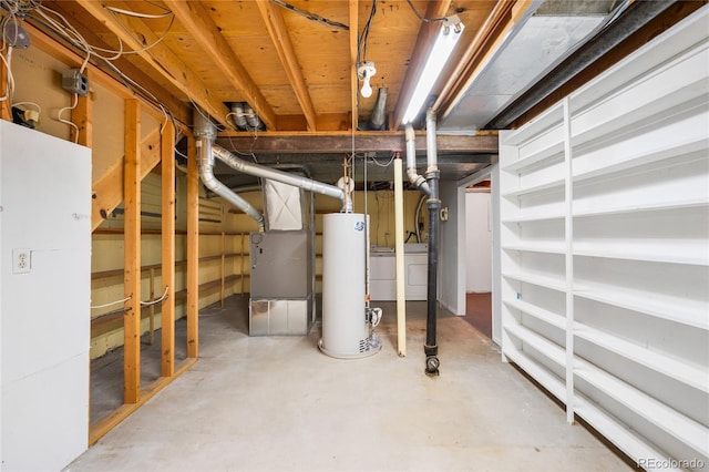 4184 S Syracuse St, Denver, CO 80237 - unfinished below grade area featuring water heater, washer / dryer, and heating unit