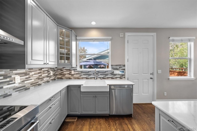 kitchen featuring glass insert cabinets, a sink, gray cabinets, stainless steel dishwasher, and backsplash
