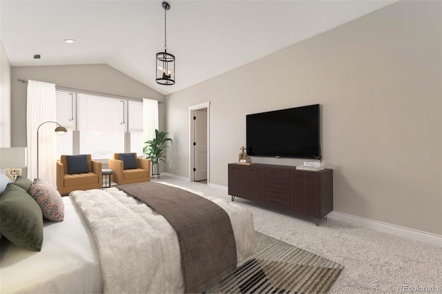 carpeted bedroom with lofted ceiling