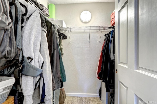 walk in closet with light colored carpet