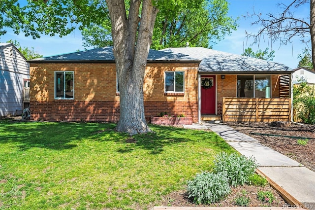 4456 S Washington St, Englewood, CO 80113 - ranch-style home with brick siding, a front yard, covered porch, and a shingled roof