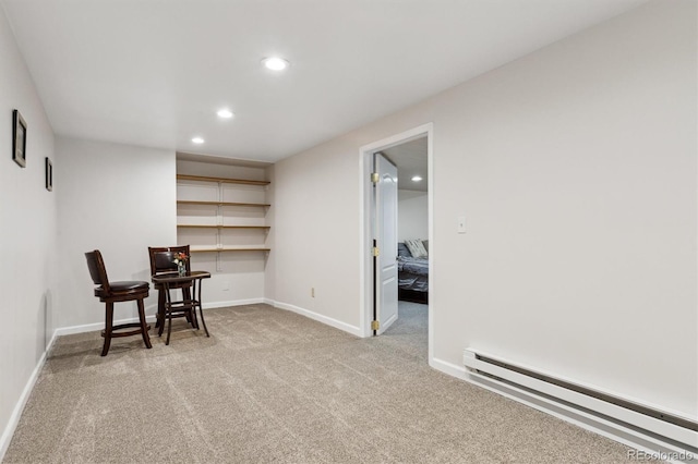 living area featuring recessed lighting, carpet, a baseboard radiator, and baseboards