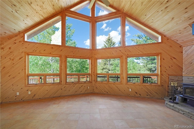 270 River Run Dr, Antonito, CO 81120 - unfurnished living room featuring a wood stove, healthy amount of natural light, wood walls, a ceiling fan, and high vaulted ceiling