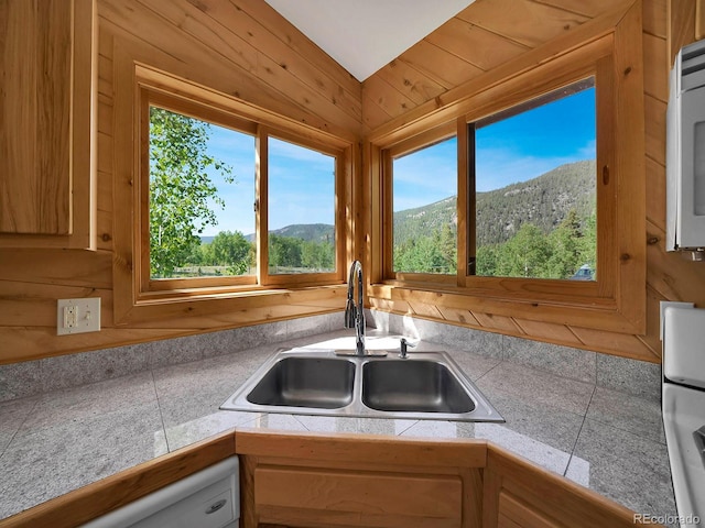 270 River Run Dr, Antonito, CO 81120 - kitchen featuring a mountain view, tile countertops, and white microwave