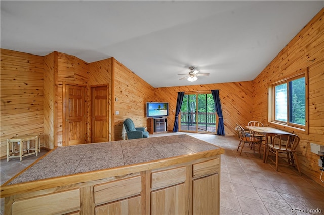 270 River Run Dr, Antonito, CO 81120 - kitchen with plenty of natural light, wooden walls, ceiling fan, light tile patterned flooring, and open floor plan