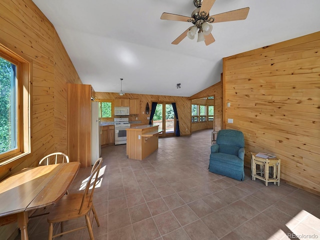270 River Run Dr, Antonito, CO 81120 - kitchen featuring white appliances, wooden walls, lofted ceiling, open floor plan, and ceiling fan
