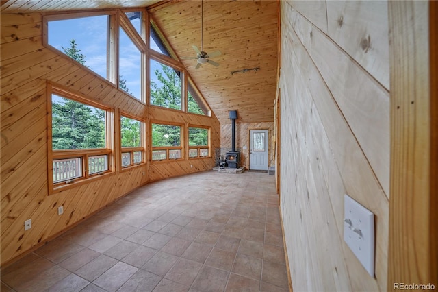 270 River Run Dr, Antonito, CO 81120 - unfurnished living room with wooden walls, a wood stove, high vaulted ceiling, healthy amount of natural light, and wood ceiling