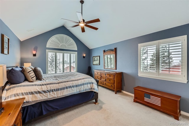 bedroom featuring visible vents, baseboards, carpet, vaulted ceiling, and a ceiling fan