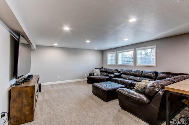 living room featuring a textured ceiling and light colored carpet