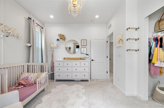 9140 Moondance Dr, Littleton, CO 80125 - bedroom with light colored carpet, a chandelier, baseboards, and recessed lighting