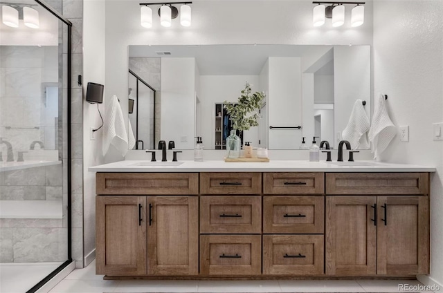9140 Moondance Dr, Littleton, CO 80125 - full bath with double vanity, a shower stall, and tile patterned flooring