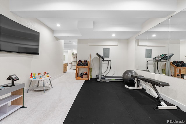 9140 Moondance Dr, Littleton, CO 80125 - exercise room featuring electric panel, recessed lighting, and baseboards