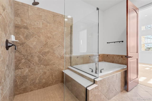 7882 Vallagio Ln, Englewood, CO 80112 - full bath featuring tiled shower, a bath, and tile patterned floors