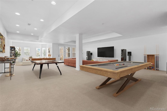 7882 Vallagio Ln, Englewood, CO 80112 - game room featuring light colored carpet, a raised ceiling, recessed lighting, and pool table