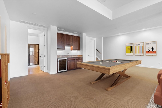 7882 Vallagio Ln, Englewood, CO 80112 - rec room featuring beverage cooler, light colored carpet, bar with sink, and billiards table