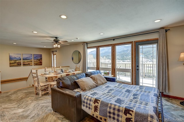 bedroom featuring baseboards, access to outside, ceiling fan, and recessed lighting