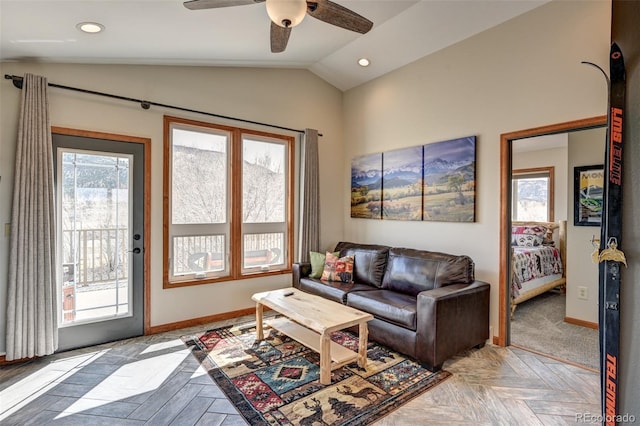 living room featuring vaulted ceiling, recessed lighting, a ceiling fan, and baseboards