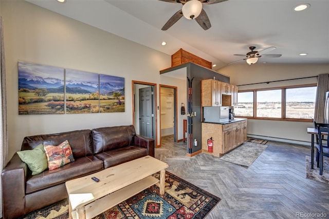 living room with baseboards, a ceiling fan, lofted ceiling, a baseboard radiator, and recessed lighting