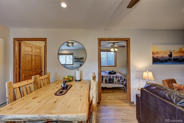 dining room with recessed lighting, ceiling fan, light wood-style flooring, and baseboards