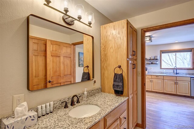 bathroom with wood finished floors and vanity