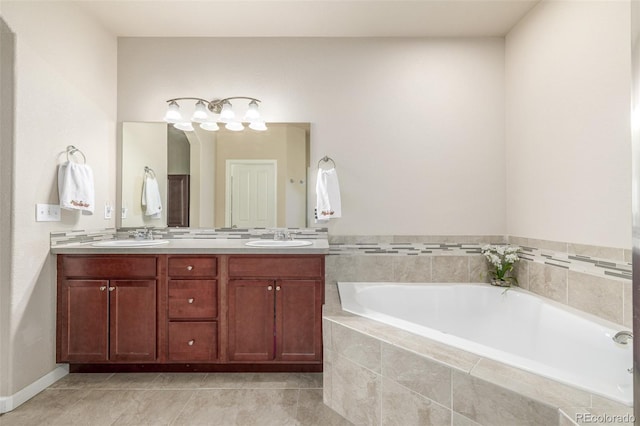 full bath with a garden tub, double vanity, and tile patterned flooring