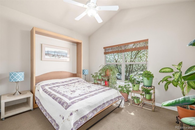 bedroom featuring carpet flooring, a ceiling fan, baseboards, and high vaulted ceiling