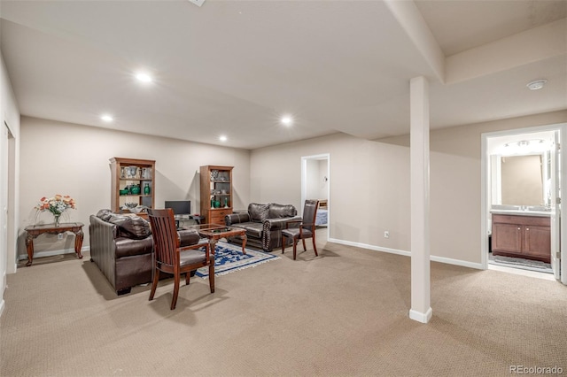 living room featuring carpet flooring, recessed lighting, and baseboards