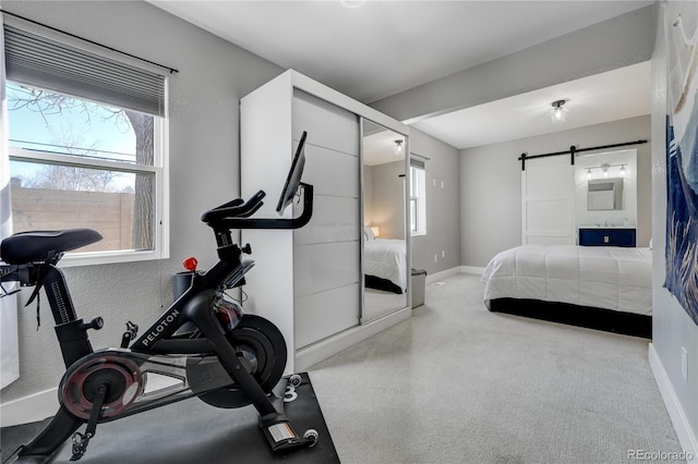 4790 E Dartmouth Ave, Denver, CO 80222 - carpeted bedroom with baseboards and a barn door